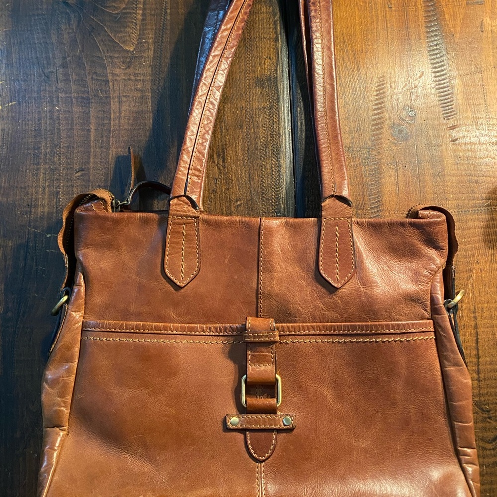 Brown Leather Shoulder Bag with Brass Buckle